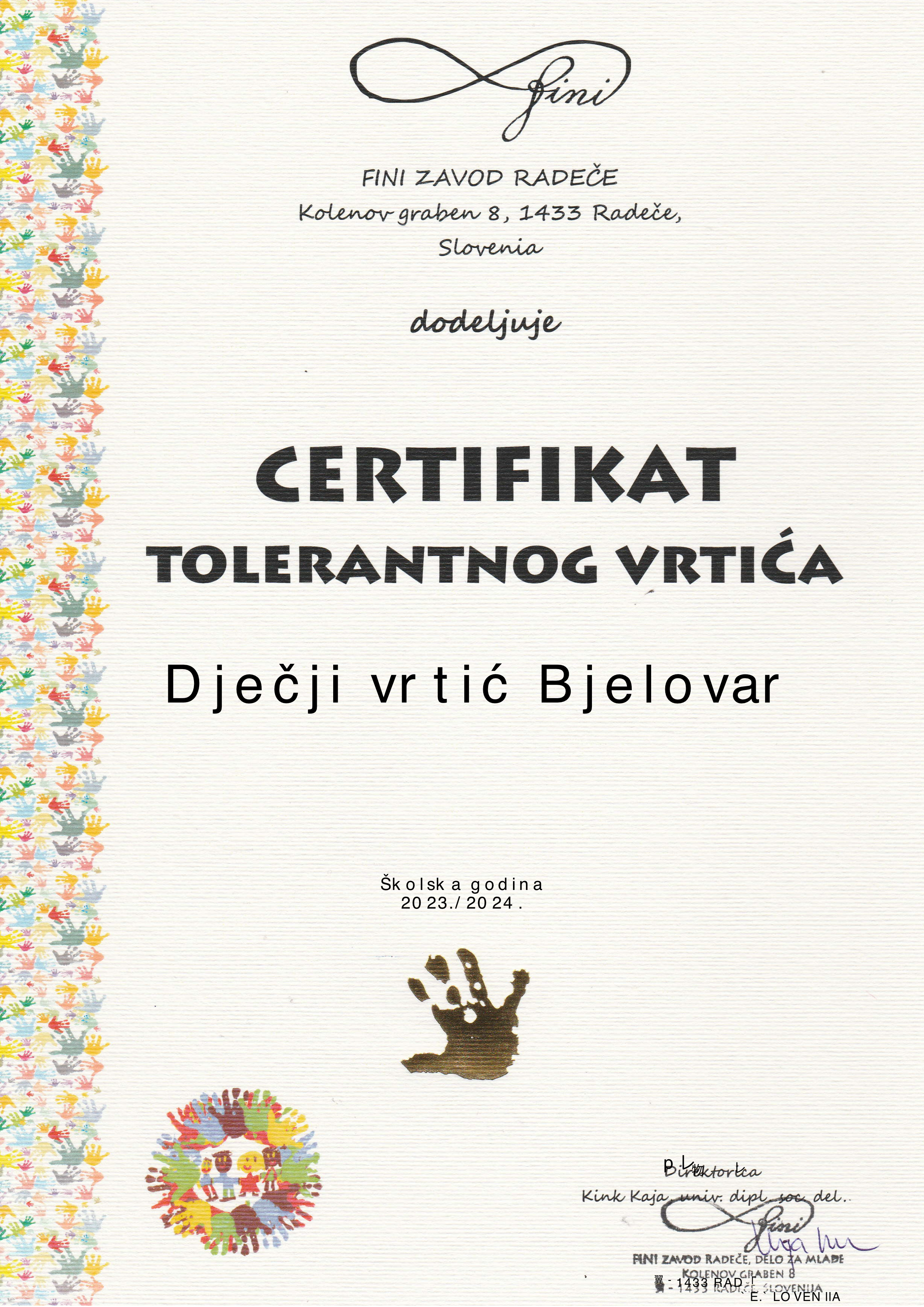 DV BJELOVAR - NOSIOC CERTIFIKATA TOLERANTNOG VRTIĆA